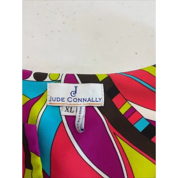 Jude Connally XL Sleeveless nylon Dress V-Neck Shift groovy psychedelic colorful - Picture 3 of 7